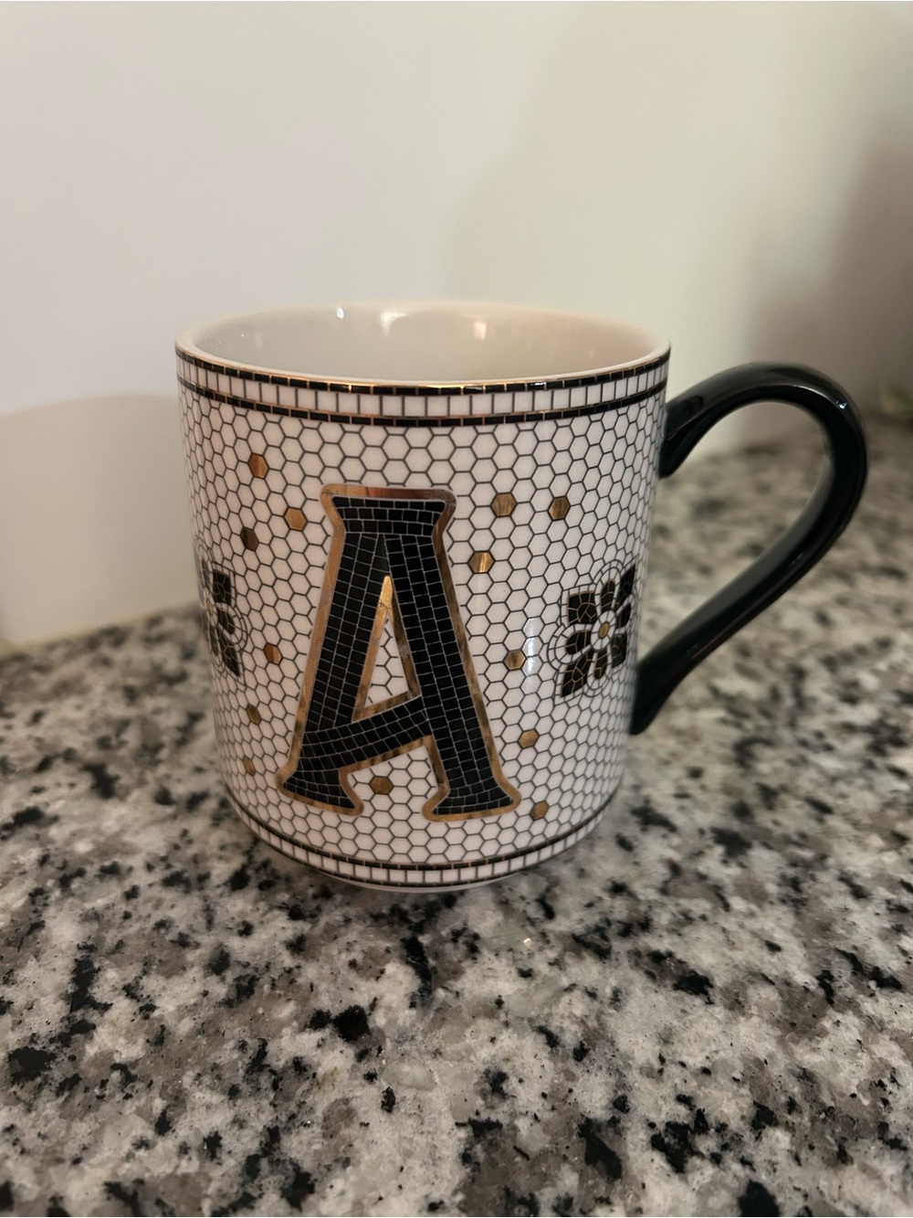 Anthro Bistro Tile 'A' Porcelain Coffee Mug in White, Black and Gold